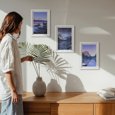Ensemble de 3 tableaux Paysages de montagne au crépuscule, vues sur l'eau