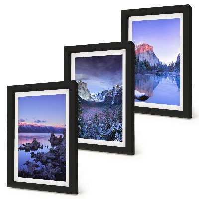 Ensemble de 3 tableaux Paysages de montagne au crépuscule, vues sur l'eau