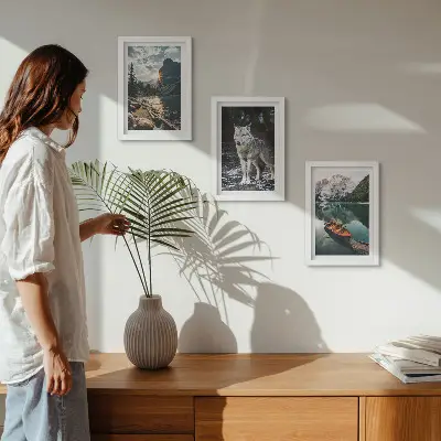 Lot de 3 tableaux représentant des montagnes, des lacs et un loup dans un cadre naturel