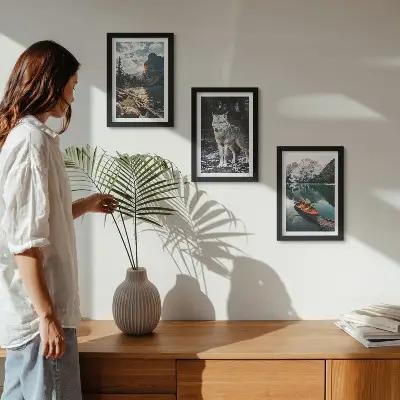 Lot de 3 tableaux représentant des montagnes, des lacs et un loup dans un cadre naturel