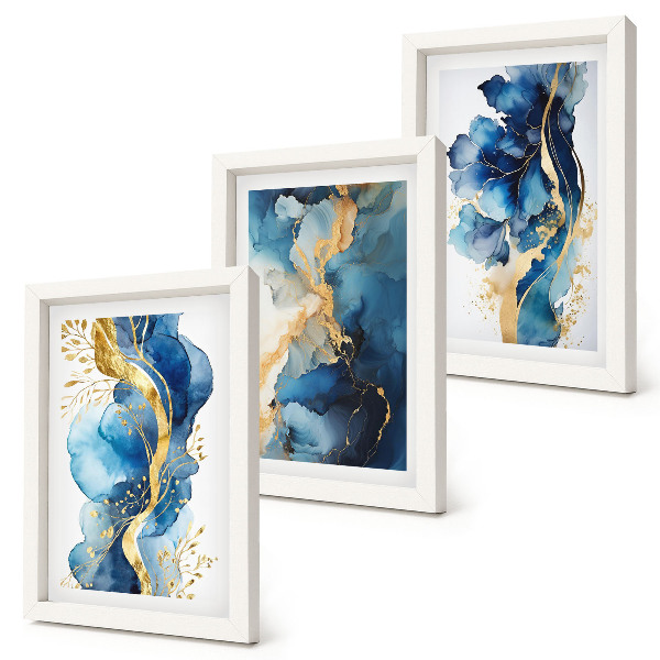 Ensemble de 3 tableaux Motifs abstraits bleus avec des accents délicats