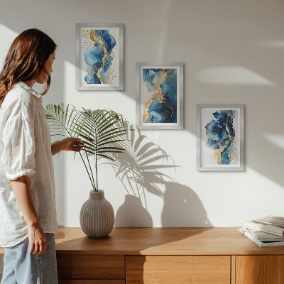 Ensemble de 3 tableaux Motifs abstraits bleus avec des accents délicats