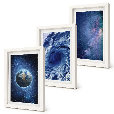 Ensemble de 3 tableaux La Terre dans l'espace, tempête et galaxie d'étoiles
