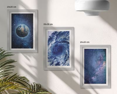 Ensemble de 3 tableaux La Terre dans l'espace, tempête et galaxie d'étoiles