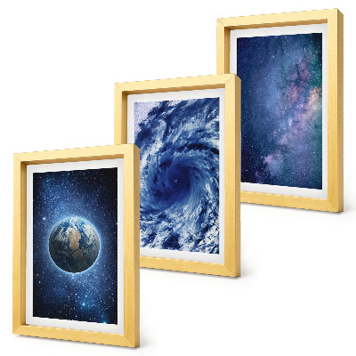 Ensemble de 3 tableaux La Terre dans l'espace, tempête et galaxie d'étoiles