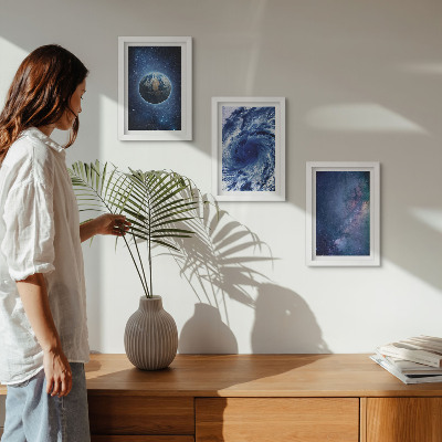 Ensemble de 3 tableaux La Terre dans l'espace, tempête et galaxie d'étoiles
