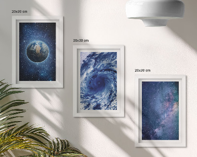 Ensemble de 3 tableaux La Terre dans l'espace, tempête et galaxie d'étoiles