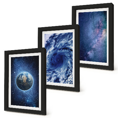 Ensemble de 3 tableaux La Terre dans l'espace, tempête et galaxie d'étoiles