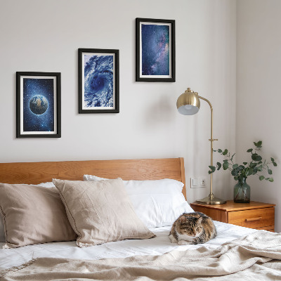 Ensemble de 3 tableaux La Terre dans l'espace, tempête et galaxie d'étoiles