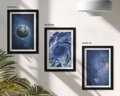 Ensemble de 3 tableaux la Terre dans l'espace avec tempête et galaxie d'étoiles