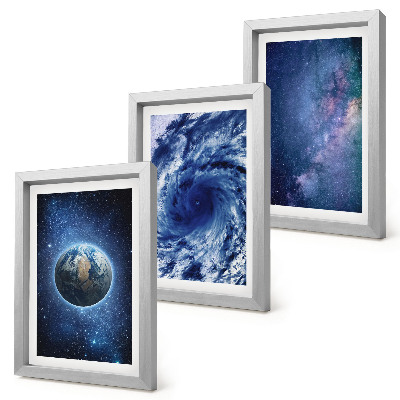 Ensemble de 3 tableaux La Terre dans l'espace, tempête et galaxie d'étoiles