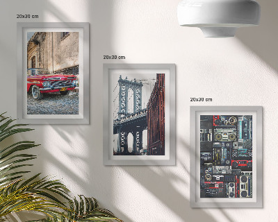 Lot de 3 tableaux Une vieille voiture dans la rue près du pont de Brooklyn et du matériel audio rétro