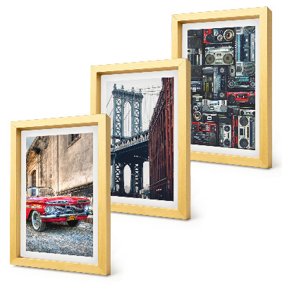 Lot de 3 tableaux Une vieille voiture dans la rue près du pont de Brooklyn et du matériel audio rétro