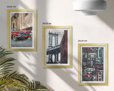Lot de 3 tableaux représentant une vieille voiture dans la rue près du pont de Brooklyn avec du matériel audio rétro