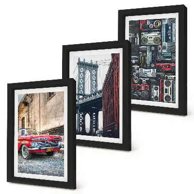 Lot de 3 tableaux représentant une vieille voiture dans la rue près du pont de Brooklyn avec du matériel audio rétro