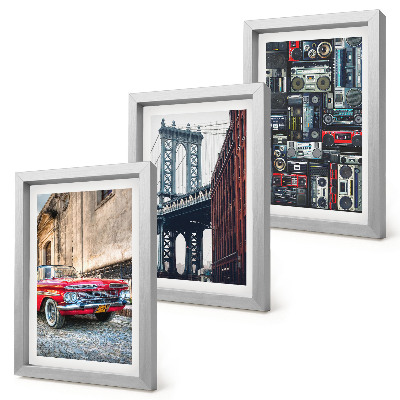 Lot de 3 tableaux Une vieille voiture dans la rue près du pont de Brooklyn et du matériel audio rétro