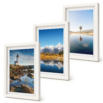 Ensemble de 3 tableaux Vue sur la nature avec un phare, des montagnes, un lac et une montgolfière