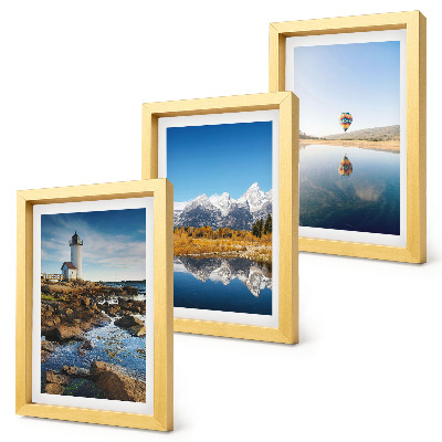 Ensemble de 3 tableaux Vue sur la nature avec un phare, des montagnes, un lac et une montgolfière