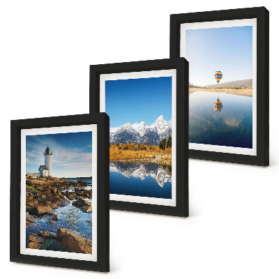 Ensemble de 3 tableaux Vue sur la nature avec un phare, des montagnes, un lac et une montgolfière