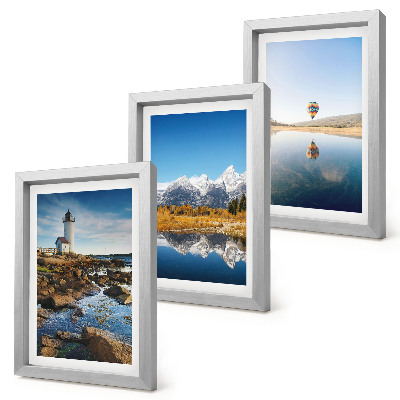 Ensemble de 3 tableaux Vue sur la nature avec un phare, des montagnes, un lac et une montgolfière