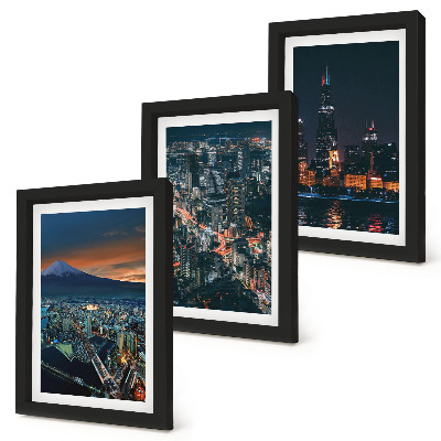 Lot de 3 tableaux Vue nocturne de la ville depuis les montagnes et ses gratte-ciel