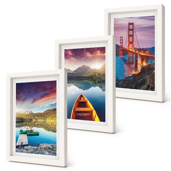 Lot de 3 tableaux Vue sur les montagnes, les lacs, les bateaux et un pont