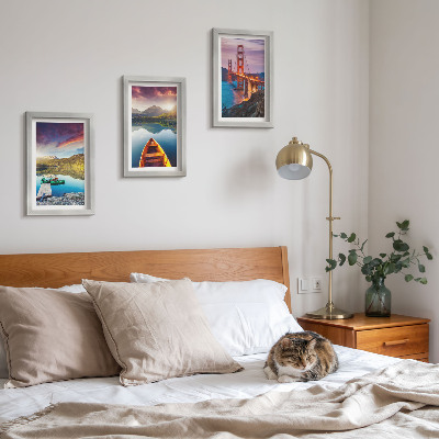 Lot de 3 tableaux Vue sur les montagnes, les lacs, les bateaux et un pont