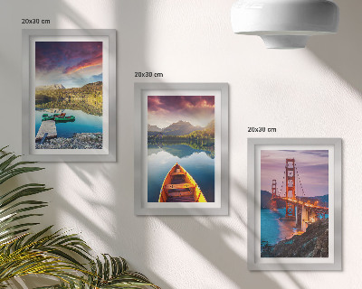Lot de 3 tableaux Vue sur les montagnes, les lacs, les bateaux et un pont