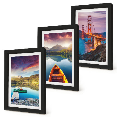 Lot de 3 tableaux Vue sur les montagnes, les lacs, les bateaux et un pont