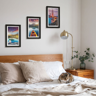 Lot de 3 tableaux Vue sur les montagnes, les lacs, les bateaux et un pont
