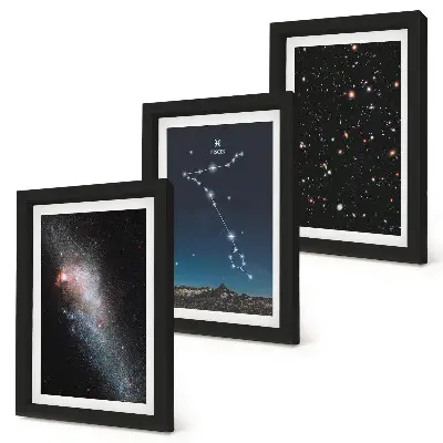 Ensemble de 3 tableaux paysages spatiaux avec la constellation des Poissons et des galaxies