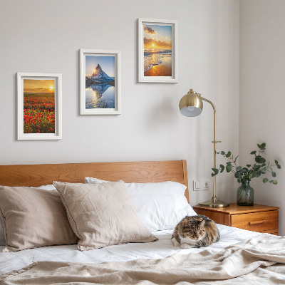 Mur de cadres Paysages de montagne et de bord de mer avec couchers de soleil