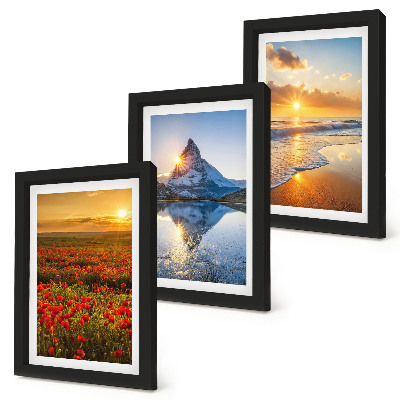 Mur de cadres Paysages de montagne et de bord de mer avec couchers de soleil