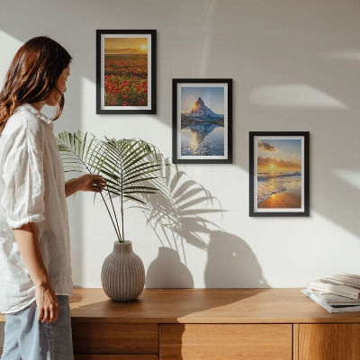 Mur de cadres Paysages de montagne et de bord de mer avec couchers de soleil