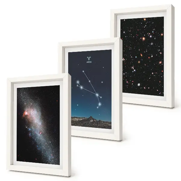 Lot de 3 tableaux représentant des paysages cosmiques de galaxies et des constellations du zodiaque du Bélier