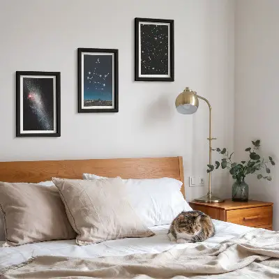 Mur de cadres représentant le signe astrologique des Gémeaux dans une galaxie étoilée
