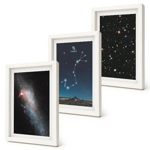Ensemble de 3 tableaux représentant des paysages cosmiques de galaxies et de la constellation du Scorpion