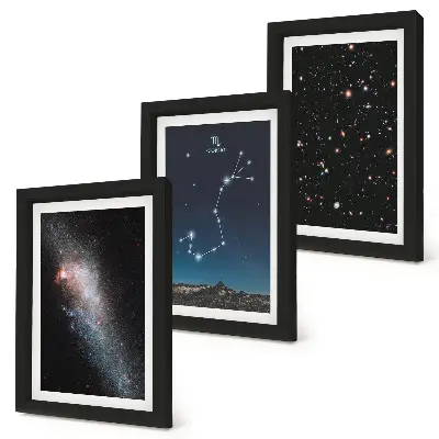 Ensemble de 3 tableaux représentant des paysages cosmiques de galaxies et de la constellation du Scorpion