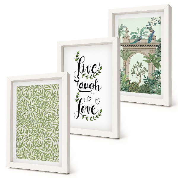 Lot de 3 tableaux Feuilles vertes, inscriptions et plantes exotiques dans l'architecture