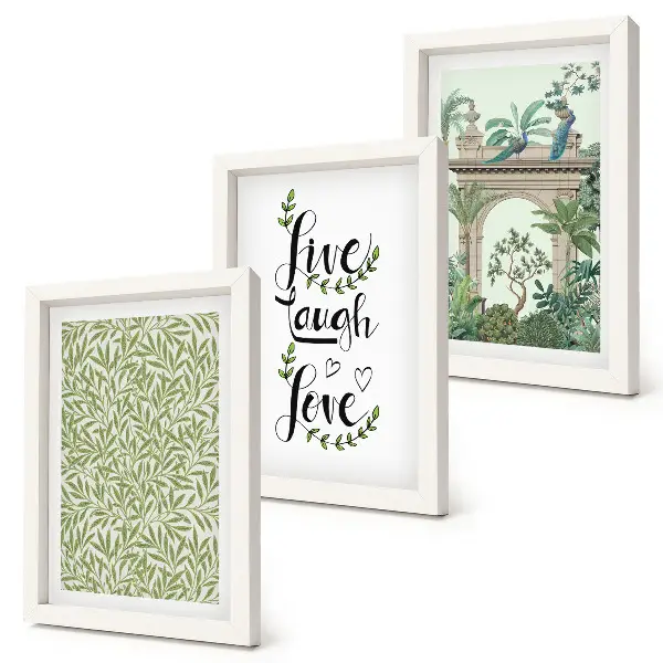 Lot de 3 tableaux représentant des feuilles vertes, des inscriptions et des plantes exotiques dans l'architecture