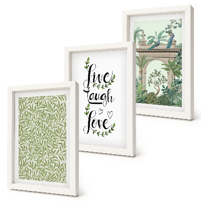 Lot de 3 tableaux Feuilles vertes, inscriptions et plantes exotiques dans l'architecture
