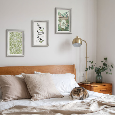 Lot de 3 tableaux Feuilles vertes, inscriptions et plantes exotiques dans l'architecture