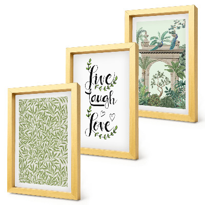 Lot de 3 tableaux Feuilles vertes, inscriptions et plantes exotiques dans l'architecture