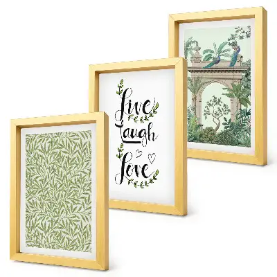 Lot de 3 tableaux représentant des feuilles vertes, des inscriptions et des plantes exotiques dans l'architecture