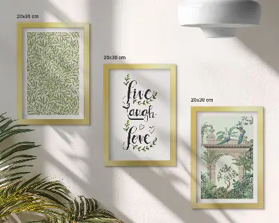 Lot de 3 tableaux représentant des feuilles vertes, des inscriptions et des plantes exotiques dans l'architecture