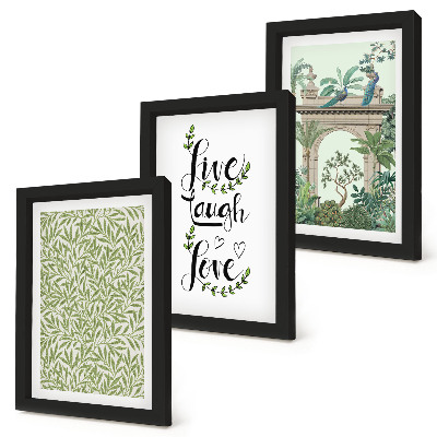 Lot de 3 tableaux Feuilles vertes, inscriptions et plantes exotiques dans l'architecture