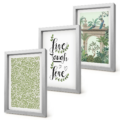 Lot de 3 tableaux Feuilles vertes, inscriptions et plantes exotiques dans l'architecture