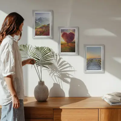 Ensemble de 3 tableaux paysage de montagne avec jetée en forme de cœur