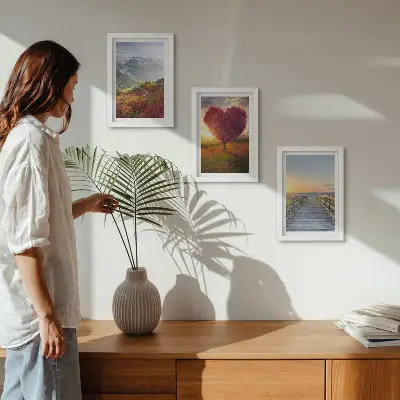Ensemble de 3 tableaux paysage de montagne avec jetée en forme de cœur