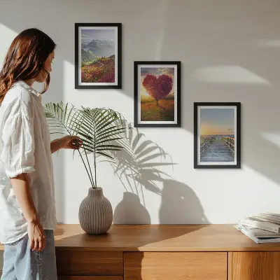 Ensemble de 3 tableaux paysage de montagne avec jetée en forme de cœur